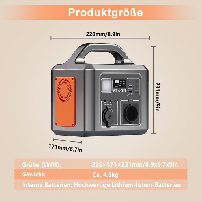 Портативна електростанція 600 Вт, сонячний генератор SBAOH 538,7 Втгод з акумулятором та виходом змінного струму/USB, мобільний генератор живлення для подорожей/кемпінгу/відпочинку на природі/для надзвичайних ситуацій