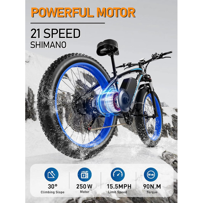 Електричний велосипед V7 для дорослих, гірський електровелосипед 264.0 дюймів з товстими шинами, акумулятор 52 В 19.2 Аг, гідравлічні гальма, 21-швидкісний електровелосипед