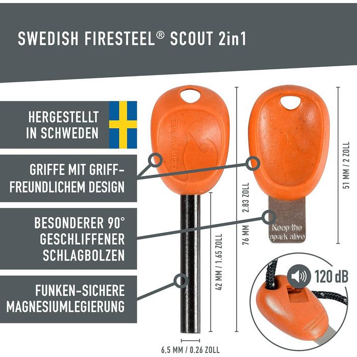 Кресало для виживання LIGHT MY FIRE Outdoor Scout 2-в-1 з аварійним свистком, кресало та кремінь для розпалювання вогню, вічне сірництво з ручкою з біопластику (3000 запалювань), колір іржаво-помаранчевий. Розмір без розміру.