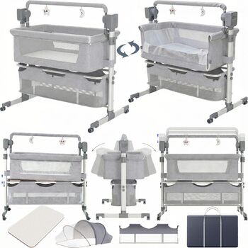 Дитяче ліжечко Nine Point Nine, розкладне дитяче ліжко-ліжечко, пружинне ліжко Baby Box з колесами, багатофункціональне, з 5 гойдалками (601 Середньо-сірий)