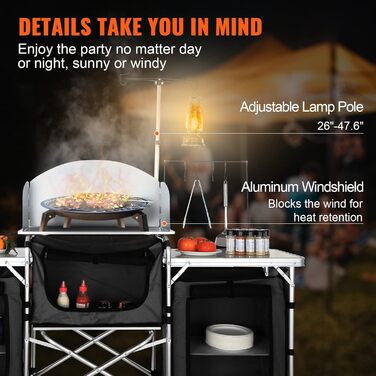 Кухонний стіл VEVOR для кемпінгу, складаний стіл для приготування їжі на відкритому повітрі з сумкою для зберігання, алюмінієва кухонна станція з 3 шафами та знімним вітровим склоочисом, швидке налаштування для пікніків тощо. Чорний, 3 шафи