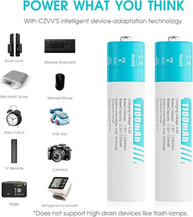 Акумуляторні літієві батарейки AAA 1,5 В - Висока ємність 1100 мВтгод - 1300 циклів зарядки - 8 батарейок із зарядним пристроєм, швидка зарядка за 2 години, постійна потужність, низький саморозряд. Батарейки із зарядним пристроєм, 8 шт. білий зарядний при
