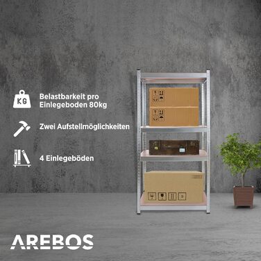 Надміцний стелаж Arebos 160 x 80 x 40 см Вантажопідйомність 320 кг Товщина 0,7 мм 4 полиці з МДФ Легке складання за допомогою системи вставок (гвинти не потрібні) Оцинкований