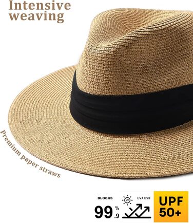 Унісекс Панама Капелюх Широкий козирок Сонячний капелюх для чоловіків та жінок Пляжний капелюх Захист від ультрафіолету Літній капелюх Регульований солом&39яний капелюх L-XL Хакі Чорна стрічка