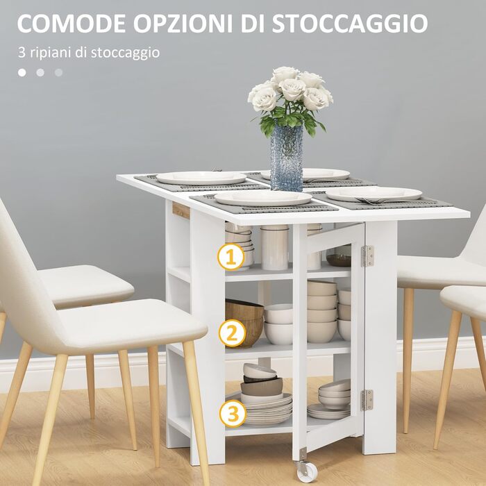 Розкладний обідній стіл HOMCOM, розкладний кухонний стіл, на колесах, з 2 висувними панелями та 3 полицями, сучасний дизайн, кухонний стіл для невеликих приміщень, 120 x 60 x 75 см, білий