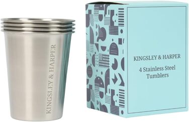 Стаканчики Kingsley & Harper з нержавіючої сталі, 335 мл (набір з 4 шт.) високоякісні, безпечні для харчових продуктів, стійкі до іржі, ударостійкі, багаторазові, екологічно чисті металеві стаканчики марки 304 для дітей, дорослих, кемпінгу, подорожей та.