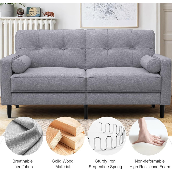 Місний диван, сучасний дизайн з товстими подушками, 2 подушки, зручний лляний диван з 2 відділеннями для зберігання речей для вітальні/спальні/офісу, легко збирається невеликий предмет меблів, класичний сірий, 2-