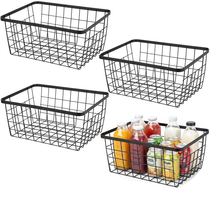Кухонні металеві дротяні кошики, кошик для зберігання, дротяний кошик з ручками, для зберігання продуктів, органайзер, побутовий холодильник для шаф, комори, ванної кімнати, чорний, 4 предмети. Чорний, 4 шт., новий, малий