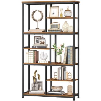 Книжкова полиця HOOBRO, окремостояча полиця з 4 регульованими ніжками, вертикальна полиця, офісна полиця, полиця для зберігання речей для вітальні та кабінету, 100 x 28 x 180 см, вінтажний коричневий та чорний EBF06SJ01