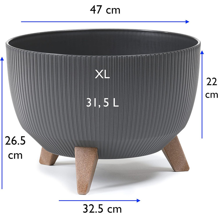 Квітковий горщик MELTOM з ніжками-вставкою, горщик для трав, еко-перероблений (антрацит, XL - 47 см) XL - 47 см антрацит