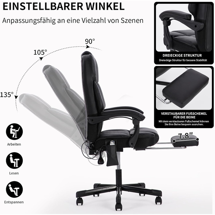 Ергономічне офісне крісло, масажне та підігріте крісло, обертове крісло з підставкою для ніг, меблі для кабінету, крісло для ПК, крісло керівника, тип PU (чорний)