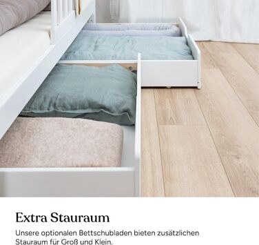 Ліжко Ehrenkind Lille House Дитяче ліжко зі знімними захисними поручнями з масиву дерева, сертифіковане FSC, включаючи шухляди Ліжко House 90x200 Дитяче ліжко 90x200 Біле 90 x 200 см з шухлядами