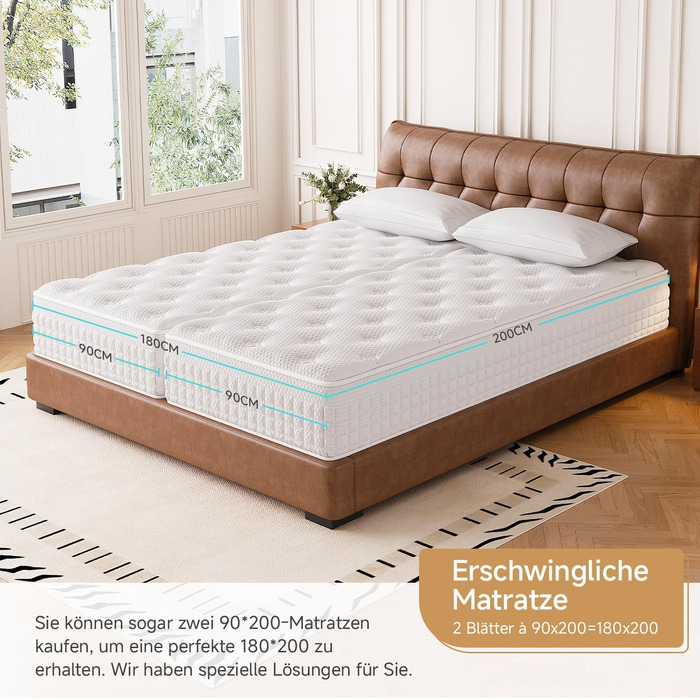 Матрац 90x200 см, висота 28 см, жорсткість H3/H4, 9-зонний пружинний матрац кишенькової форми з комфортною піною, ортопедичний ергономічний матрац, сертифікований Oeko-Tex та CertiPUR, полегшення тиску та болю в спині 90x200x28 см