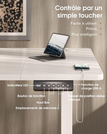 Письмовий стіл з регульованою висотою 160x80 см, Стіл з регульованою висотою та висувними ящиками, порт зарядки USB-A, комп&39ютерний стіл з лотком для кабелів, стіл для роботи стоячи з 3 функціями пам&39яті, білий, 160 x 80 см