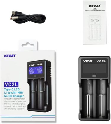 Зарядний пристрій XTAR VC2L USB C Оновлений зарядний пристрій 18650 Швидкий зарядний пристрій 2A 26650 Зарядний пристрій з РК-дисплеєм для батарейок AA AAA CD (VC2L)