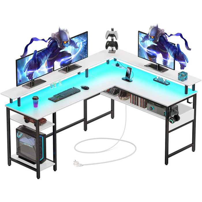 Г-подібний ігровий стіл Rolanstar зі світлодіодним освітленням та розеткою, 137 x 108 см, комп&39ютерний стіл з підставкою для монітора та місцем для зберігання, двосторонній кутовий стіл для офісу та домашнього офісу (білий)