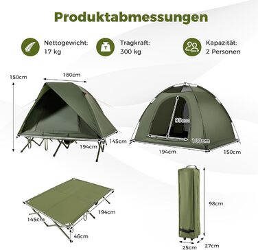 Розкладне ліжко COSTWAY з наметом для 2 осіб, кемпінгове ліжко з дощовиком, 2 сітчасті двері, мансардний вікно та сумка на колесах, кемпінговий шезлонг, вантажопідйомність 300 кг, 194 x 145 x 150 см, зелений