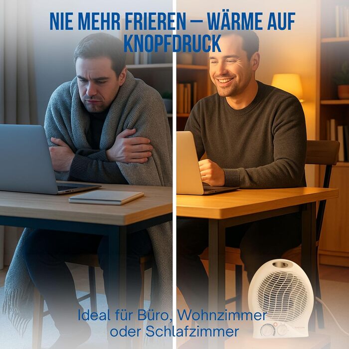Мобільний вентилятор-обігрівач потужністю 2000 Вт з вентилятором - дуже тихий настільний обігрівач - портативний обігрівач з термостатом та 4-ступінчастим перемикачем - енергозберігаючий вентилятор (білий) Малий розмір