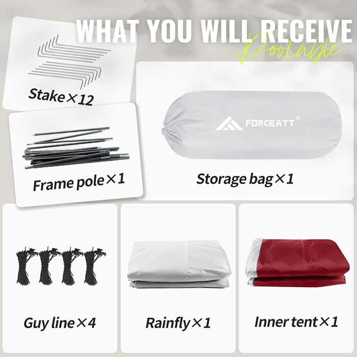 Кемпінговий намет Forceatt на 2-3 особи, 2 двері, водонепроникний та вітрозахисний, надлегкий туристичний намет на 3-4 сезони для трекінгу, кемпінгу та активного відпочинку. 3-місний, винно-червоний