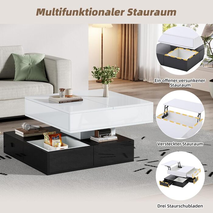 Журнальний столик Merax, що обертається на 360, сучасний журнальний столик, підйомний стіл для вітальні з 3 шухлядами та місцем для зберігання, глянцевий диванний столик, квадратний бічний столик білого та чорного кольорів, 70x70x40 см білого та чорного к