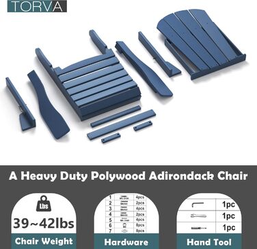 Стілець TORVA Adirondack з переробленого пластику, HDPE, розбірний, відкритий, крісла для патіо, крісло для газону, стійкий до погодних умов, стілець Adirondack, темно-синій