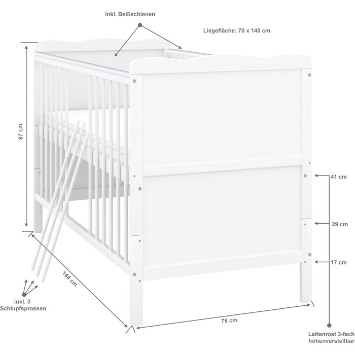 Дитяче ліжечко 70x140 см біле дитяче ліжко, що трансформується в юніорське ліжко з прорізувачами, масив сосни Джек