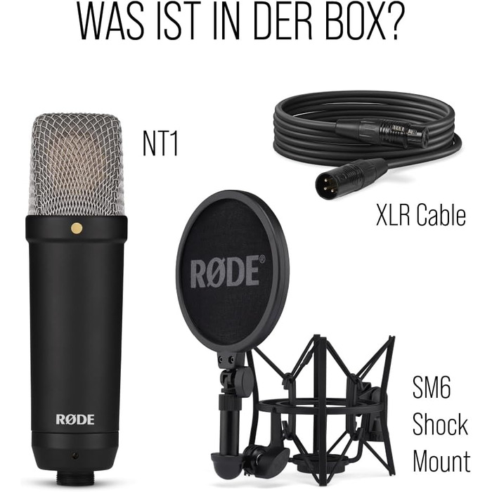 Конденсаторний мікрофон з великою діафрагмою RØDE NT1 Signature Series (з шокмаунтом, поп-фільтром та XLR-кабелем) для музичного виробництва, вокалу, стрімінгу та подкастингу, чорний