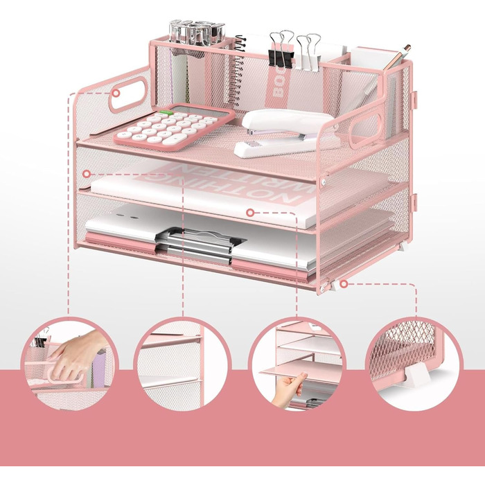 Рівневий органайзер для столу з ручкою та 3 тримачами для ручок, сітчастий органайзер для паперу/файлів на стіл, лоток для паперу та листів, рожевий Pink 1, 3-