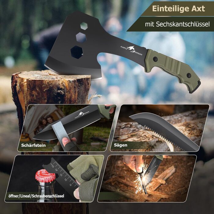 Великий ніж-сокира Purple Dragon для активного відпочинку, набір з піхвами. Міцний сокира з цільного шматка сталі D2, для кемпінгу, виживання та розпилювання деревини. Чудовий подарунок для чоловіків, колір зелений.