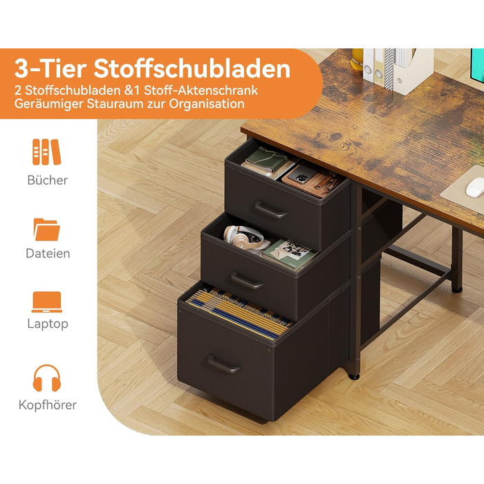 Письмовий стіл Coleshome з тканинними шухлядами, 130x48 см, комп&39ютерний стіл з 2 розетками та 2 портами USB для зарядки, ПК-стіл з полицею, двосторонній офісний стіл для офісу, вітальня, коричневий, 130x48x75,7 см