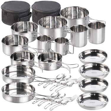 Кемпінгова сковорода Semptec Urban Survival Technology набір посуду для кемпінгу з нержавіючої сталі з 24 предметів, столовими приборами та сумкою (набір каструль, набір сковорідок)