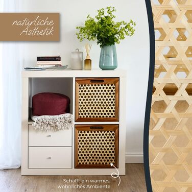 Кошик для зберігання HMF, що підходить для полиць Kallax, кошик з ротанга з віденським плетеним лозом та деревиною акації Візерунок 2 32 x 34 x 32 см