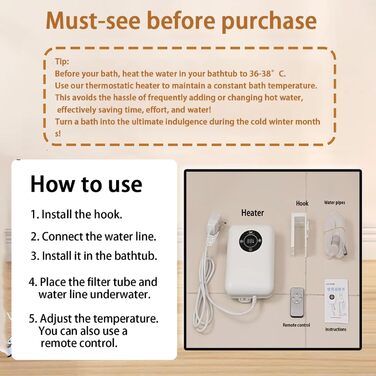 Занурювальний водонагрівач з термостатом - нагрівач для ванни потужністю 1200 Вт, інтелектуальне керування температурою 3043 C, із захистом від перегріву та дистанційним керуванням, може підтримувати гарячу воду на постійній температурі. M Білий