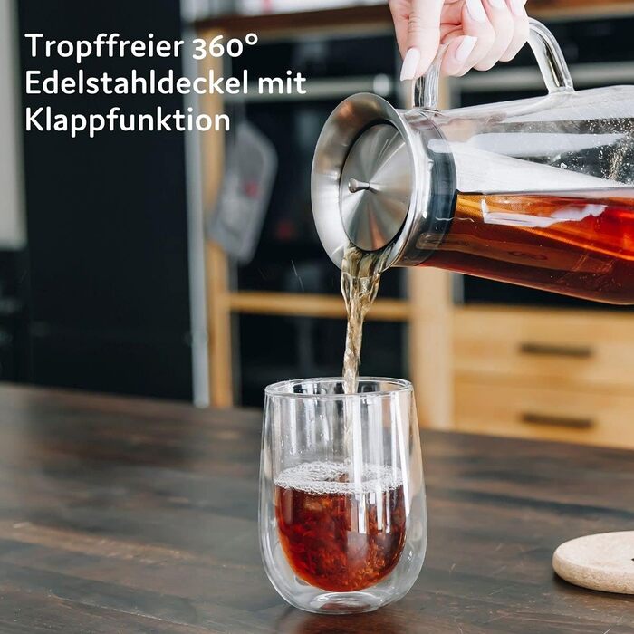Кавоварка 3-в-1 buntfink MultiPitcher для холодного заварювання кави Графин скляний 1,5 л Графин для води з кришкою з нержавіючої сталі Кавоварка для холодного заварювання кави та чаю Без пластику
