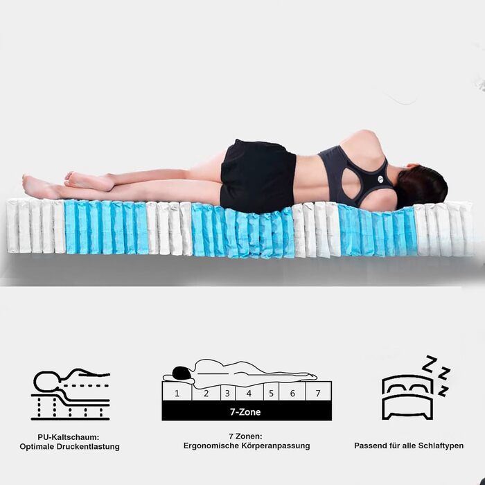 Матрац LAMB 90x200 см пружинний матрац кишенькової форми 7-зонний висота 20 см рівень жорсткості H4 медичний ортопедичний пружинний матрац з чохлом з піни та мікрофібри, сірий матрац для дорослих 90x200x20 сірий H4