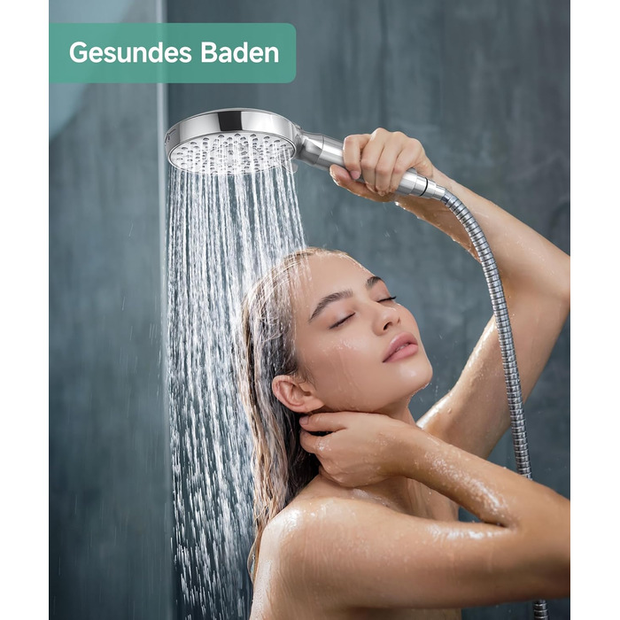 Душова лійка SR SUN RISE з фільтром, шланг та картриджі для фільтрації, 9 режимів розпилення з 4-ступеневим фільтром води, високий тиск для жорсткої води, видаляє залишковий хлор, важкі метали та бактерії, хромоване покриття з іонами срібла