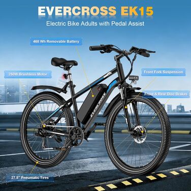 Електровелосипед EVERCROSS EK15 для дорослих, 27,5-дюймові електровелосипеди - додаток, двигун 250 Вт, акумулятор 36 В 13 Аг, 15/20/25 км/год, 7-ступінчаста коробка передач, міський електричний гірський велосипед для унісекс, чорно-синій
