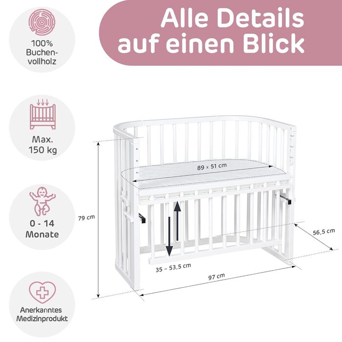 Ліжечко-колиска Babybay Maxi Comfort Plus з масиву бука/бічне ліжечко з захисними бортиками/плавне регулювання та екологічність/росте разом з вашою дитиною (біле лакування) Біле лакування 96Д x 56,5Ш x 79В см Матрац не входить до комплекту