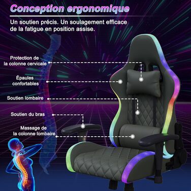 Геймерське крісло, ергономічне офісне крісло з RGB LED-підсвічуванням, масаж поперекового відділу сидіння, регульоване, підголівник, поперекова підтримка, висока спинка, кут нахилу 135, чорний колір