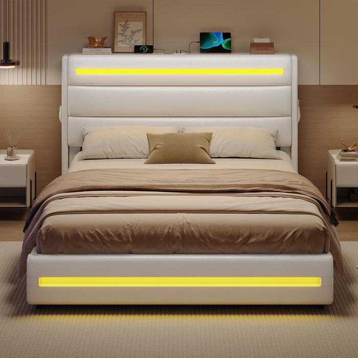 Ліжко 160x200 зі світлодіодним освітленням, Гідравлічне ліжко 160x200 см, М&39яке двоспальне ліжко, Каркас ліжка з місцем для зберігання та рейковою основою, Спальня, ПУ білий 160 x 200 Білий