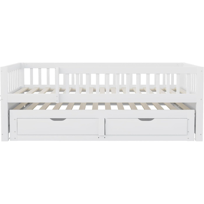 Дитяче ліжко 90x200 диван-ліжко з масиву дерева з висувним ліжком та шухлядами, багатофункціональне ліжко, кушетка, гостьове ліжко з місцем для зберігання речей, дитяче ліжко, каркас ліжка із захистом від падіння та рейковою основою, без матраца, біле. Бі