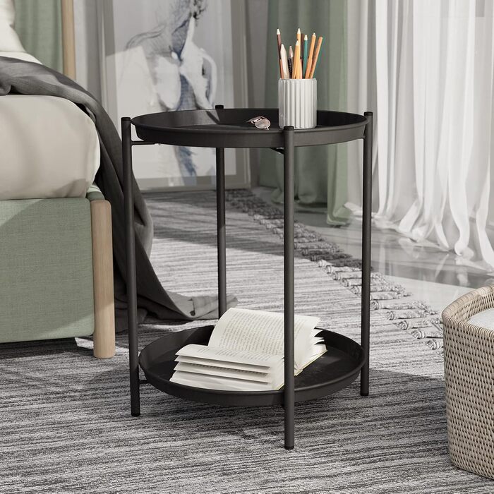 Круглий журнальний столик Grand Patio, 2 яруси, для вітальні, спальні, саду, диван-столик, тумбочка, знімний піднос, легке складання, металевий 45x45x53 см (чорний)