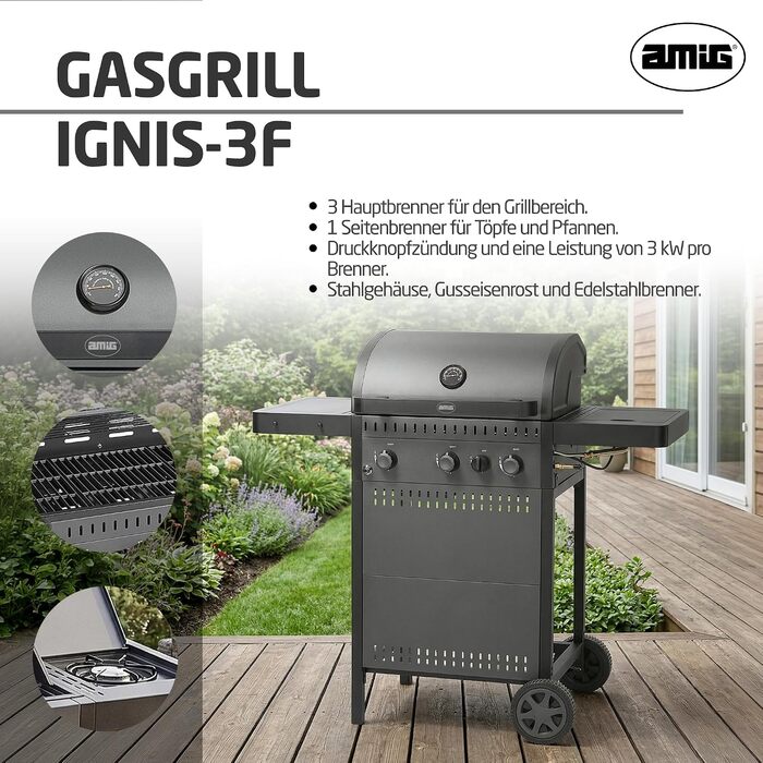 Газовий гриль Amig IGNIS 31 (3 пальники 1 бічний) 117 x 55 x 110 см площа гриля 54 x 38 см з термометром, бічними полицями, колесами та чавунною решіткою чорний