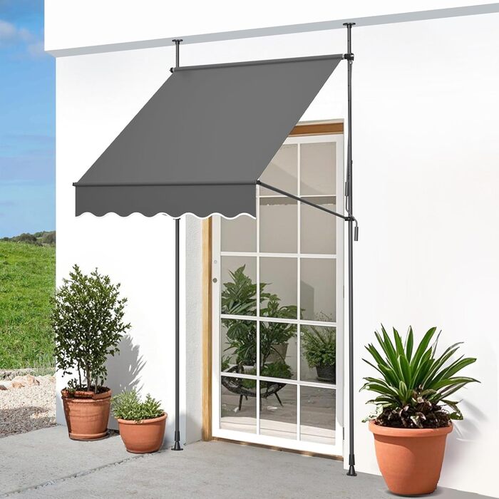 Тент з кріпленням на затискачі та ручним приводом, ширина 150 см, балконний тент з ручним регулюванням висоти без свердління, захист від ультрафіолету, сонцезахисний козирок, водонепроникний для використання на вулиці, для патіо, балкону, саду, антрацит