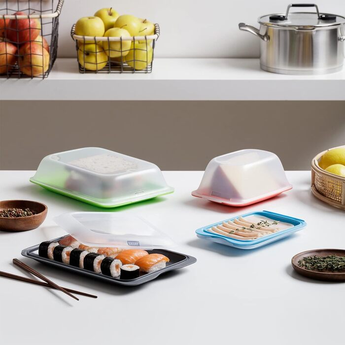 Набір PracticDomus із 8 контейнерів для зберігання продуктів, оптимальне зберігання м&39ясної нарізки в холодильнику, розміри 17 x 3,2 x 25,2 см, різні кольори, 8 шт. Basic