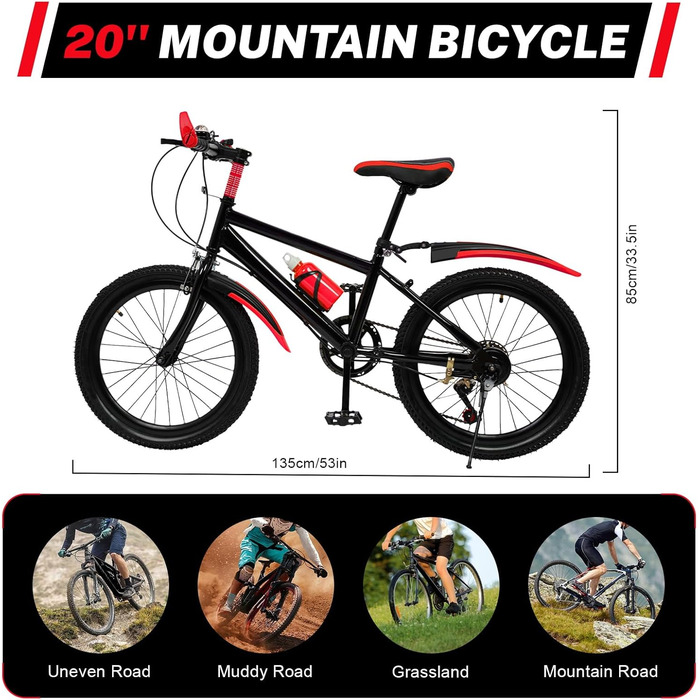 Дюймовий дитячий гірський велосипед, 7-швидкісний дитячий велосипед для хлопчиків та дівчаток з пляшкою для води, сумкою для зберігання, дзвіночком-компасом, велосипед з вуглецевої сталі, вантажопідйомність 85 кг, червоний, 20-