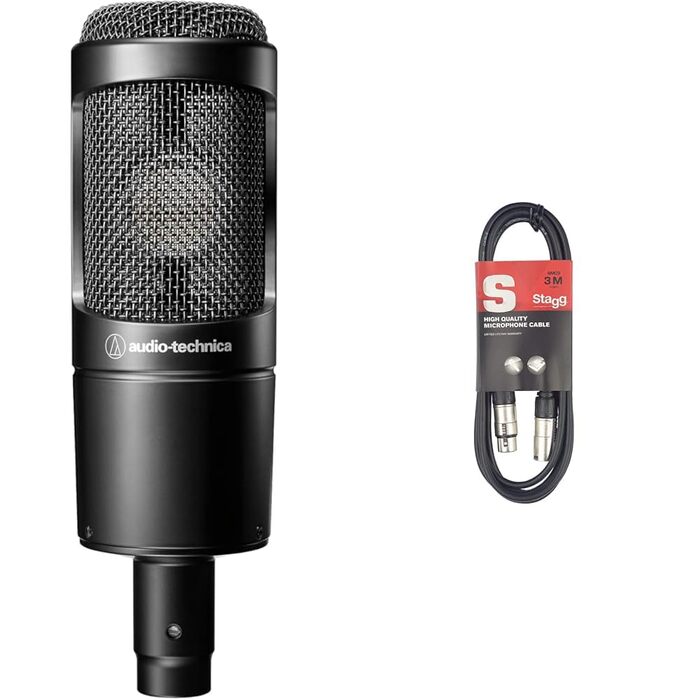 Конденсаторний мікрофон Audio-Technica AT2035 з кардіоїдною спрямованістю (XLR) для музики та стрімінгу, чорний мікрофонний кабель Stagg 3м (XLR-XLR), чорний