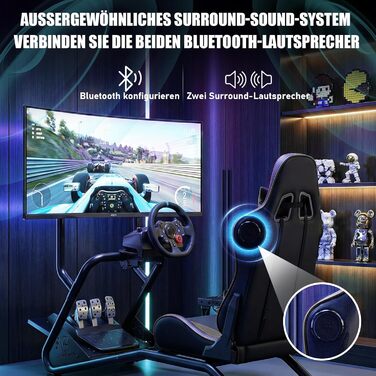 Кабіна симулятора GTPLAYER, підставка для керма для гоночного симулятора з 3D-стереодинаміками, кріпленням для монітора, регульованим кріпленням для керма, кріпленням для перемикання передач та педалями (чорна)