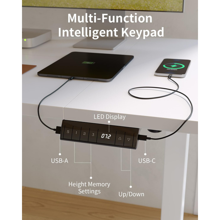 Стіл FEZIBO з регульованою висотою та портами зарядки USB-A та USB-C, 140 x 70 см, стіл з електричним регулюванням висоти, ергономічний стіл для домашнього офісу з можливістю сидіти та стояти, білий 140 x 70 см