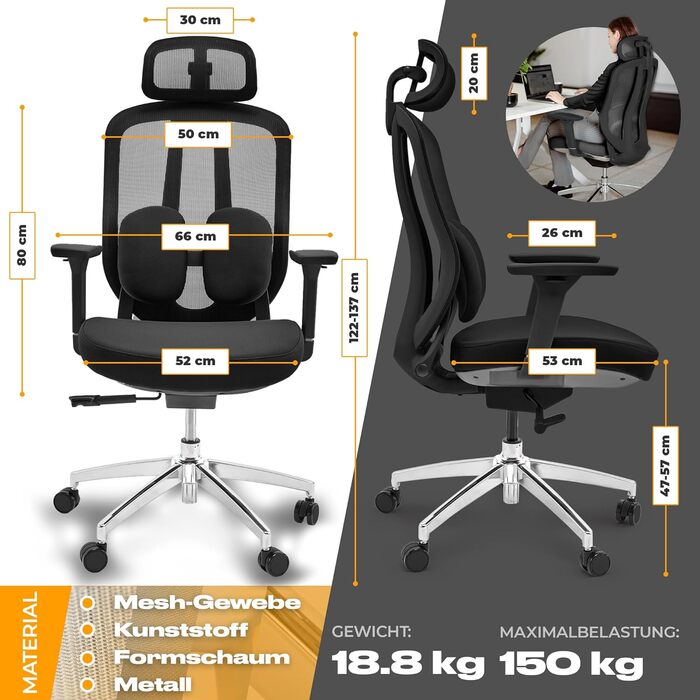 Ергономічне офісне крісло, переможець тесту, стілець для роботи регульована підтримка голови та попереку Ергономічне офісне крісло з підлокітниками Офісне крісло з колесами, зручне для спини, до 150 кг, чорний колір